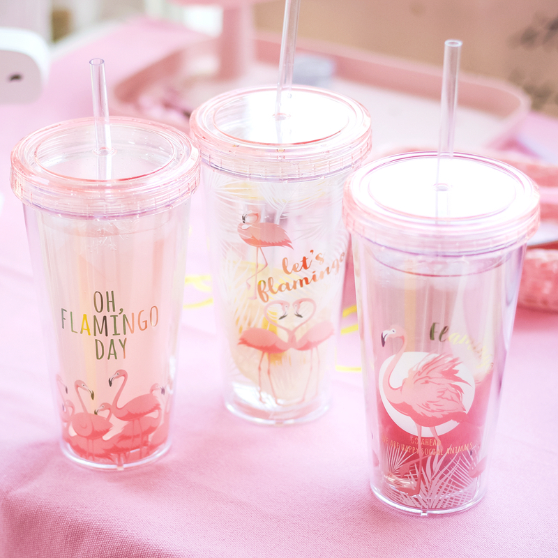 Flamingo plastik kopper med halm drinkware tegneserie drikke beholder dobbelt væg kaffe te mælk juice vand kop krus