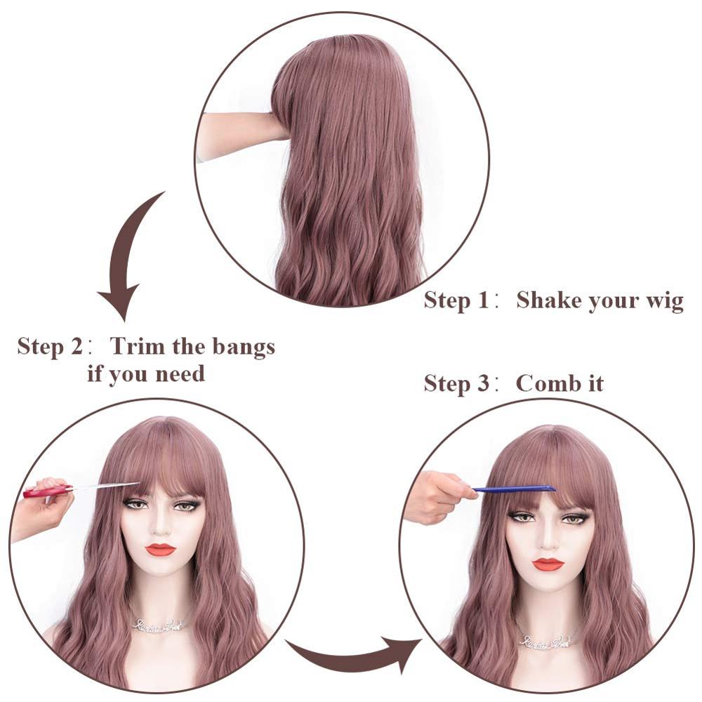 Peluca de ondas naturales gloriosas estampada, peluca rosa con flequillo, pelucas de pelo largo sintético para mujeres, pelo de fibra resistente al calor de alta temperatura