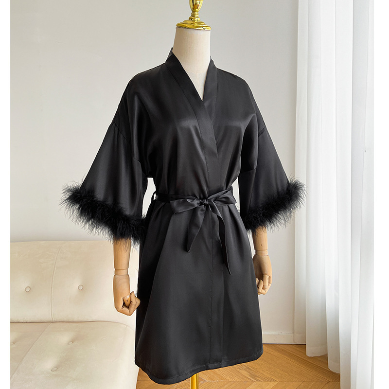 Robe de demoiselle d'honneur en Satin, Kimono, Lingerie intime, Sexy, manches plumes, peignoir, chemise de nuit, vêtements de nuit courts, taille unique: Bleu