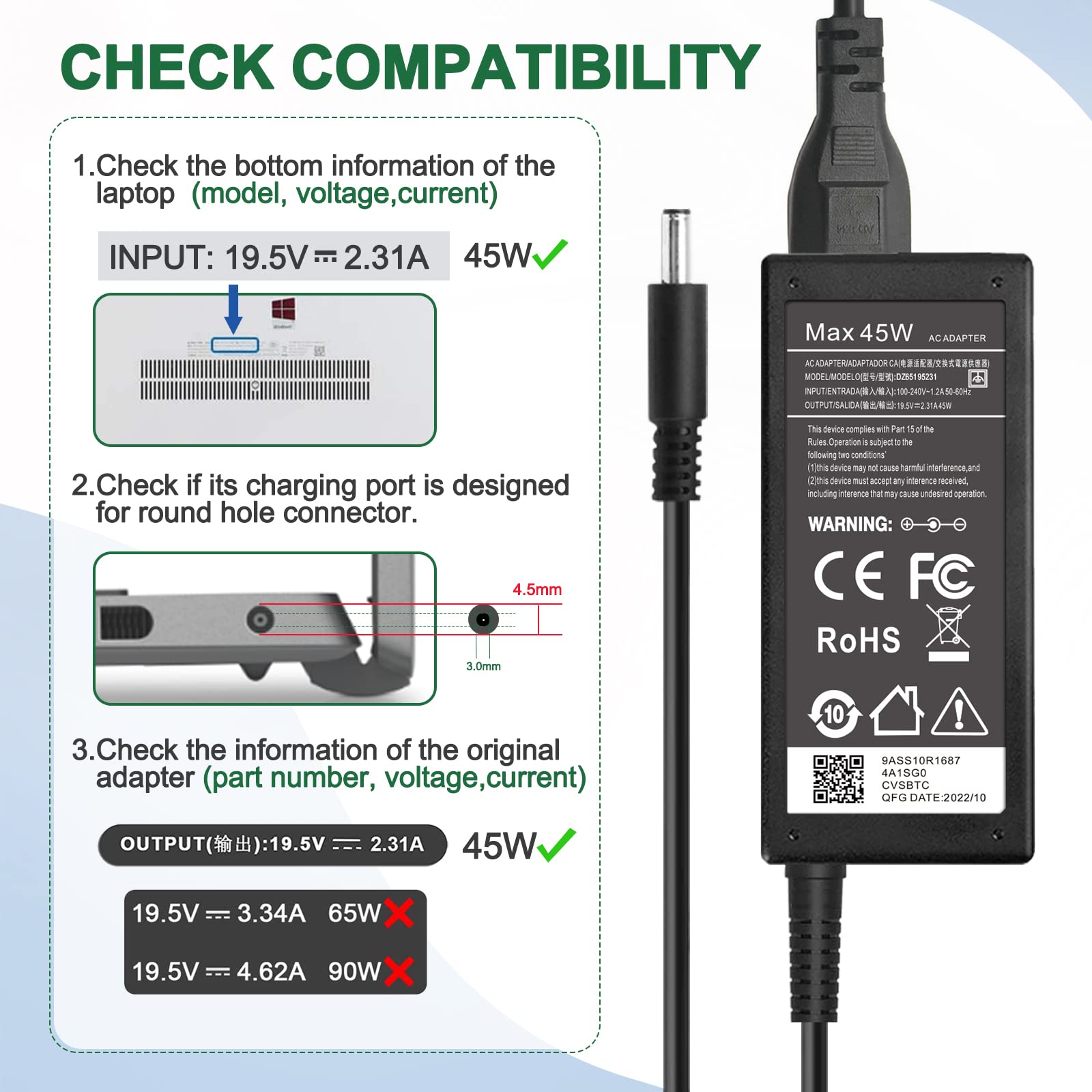 65W Charger for Dell Laptop Charger,AC Adapter for Dell Inspiron 15 3000 5000 Series Laptop Power Supply Cord