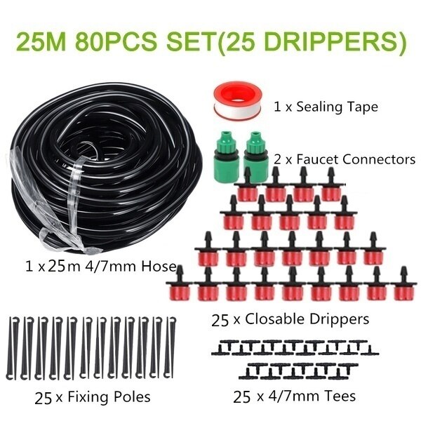 25M DIY Drip Irrigation System Automatic Watering Irrigation System Kit Garden Hose Micro Drip Watering Kits Adjustable Dripper: 25M
