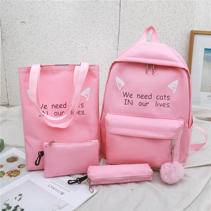 Children Bags Teenage Students Zipper Shoulder Canvas Backpacks Girls School Backpack Kids 3pcs/set Letters Printing Women Bags: Pink