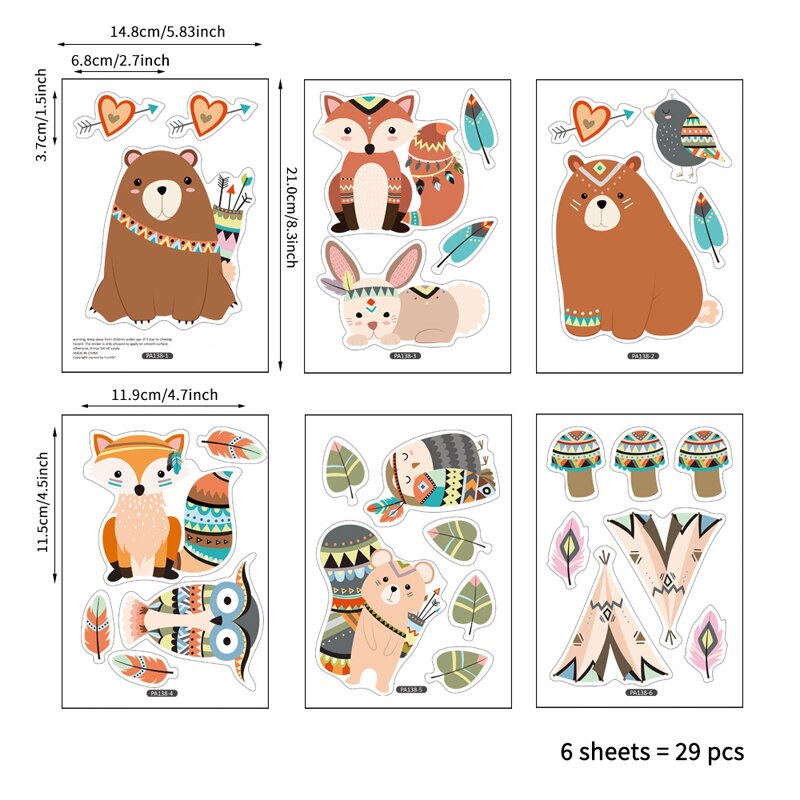 Tofok Ins adhesivos de pared de animales tribales creativos DIY estilo indio niños sala de estar TV sofá Fondo calcomanía Casa o guardería Decoración: A