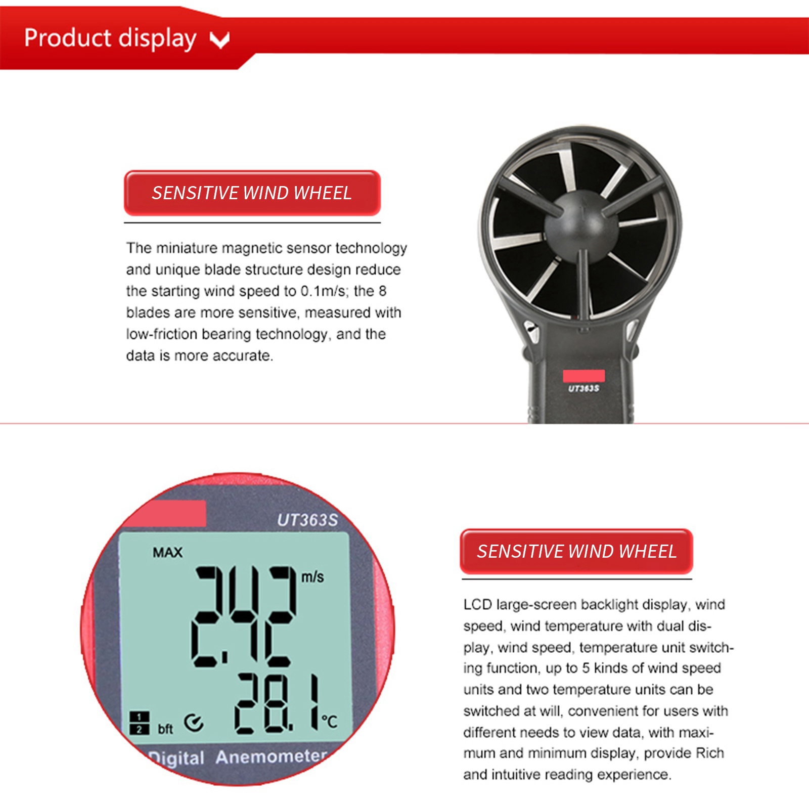 UT363S Anemometer LCD Display Digital Wind Speed Meter Measures Tester Outdoor Windsurfing Air Wind Velocity Measurement