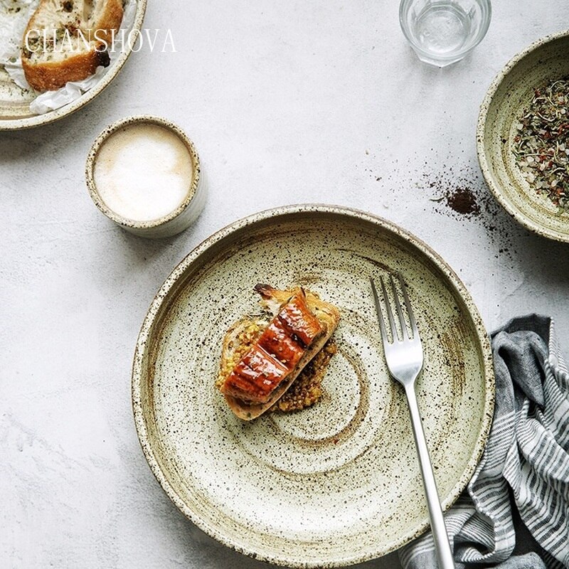 CHANSHOVA, conjunto moderno de plato redondo de cerámica grueso pintado a mano de estilo antiguo Vintage, platos, taza de té, juego de cuencos, utensilios de cocina H000