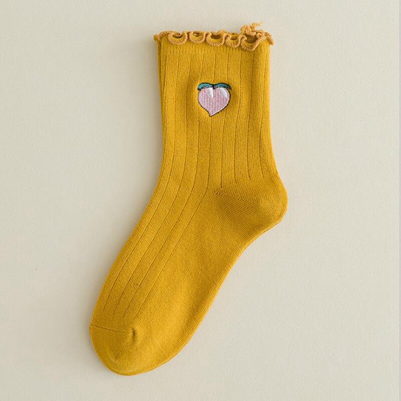 Frilly Embroidered Sock Spring Summer Japan Harajuku Kawaii Cartoon Fruit Cotton Socks Girl Streetwear Happy Casual SOX: Yellow
