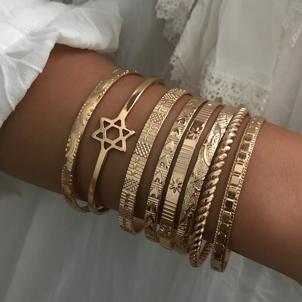 8 Pcs/4Pcs/2 Stks/set Retro Vrouwen Armbanden Set Mode Sterren Hart Patroon Gold Opening Manchet Armband bohemian Lady Sieraden: 1