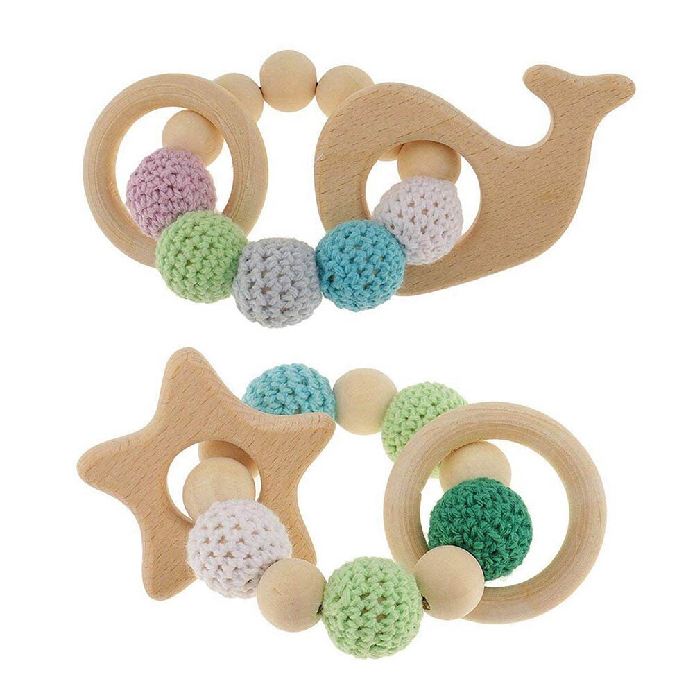 Wooden Teether Baby Bracelet Animal Shaped Organic Wood Silicone Beads Baby Rattle Stroller For Baby Wood Beads Baby Rattle