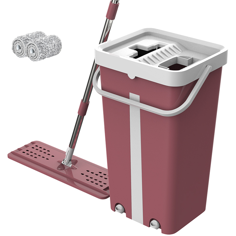 Magic Cleaning Mops Free Hand Mop with Bucket Floors Squeeze Flat Mop with Water Home Kitchen Floor Cleaner: Red 2 mops