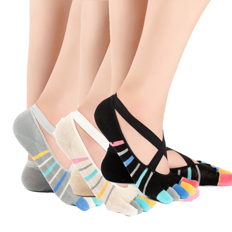 3 Pairs Five Toe Yoga Socks for Women Non-Slip Grips and Cross Straps Sock Anti-Skid Pilates Barre Fitness Sports Socks Slipper: mixed color blwh