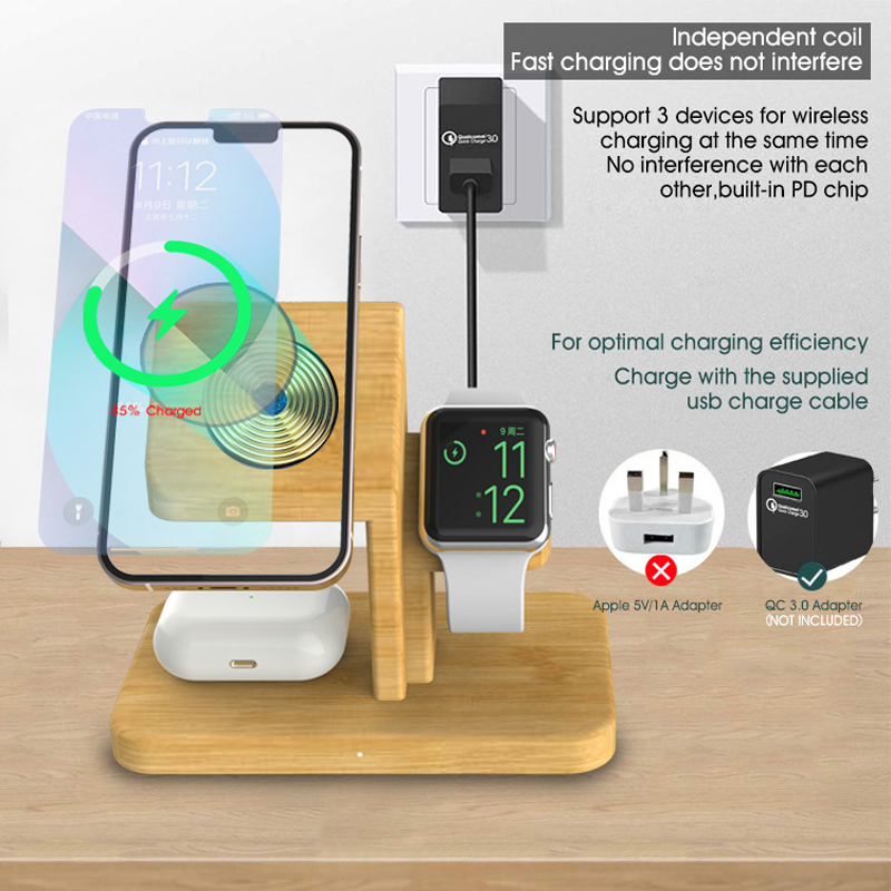 Bamboo 3 in 1 iPhone Wireless Charging Station 15W Charger Stand Dock for iPhone 14/13/12/11 iWatch se7/6/5/4 Airpods 4/3/2