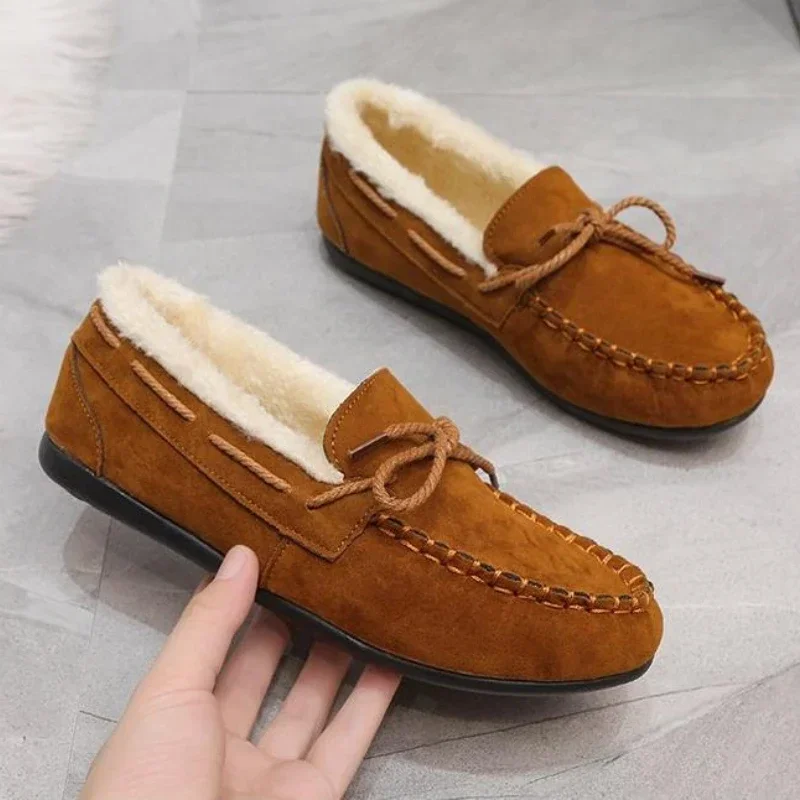 Vinterskor dam casual platta skor dammockasiner mjuka loafers komfort varma plysch rosett slip on dambomullsskor