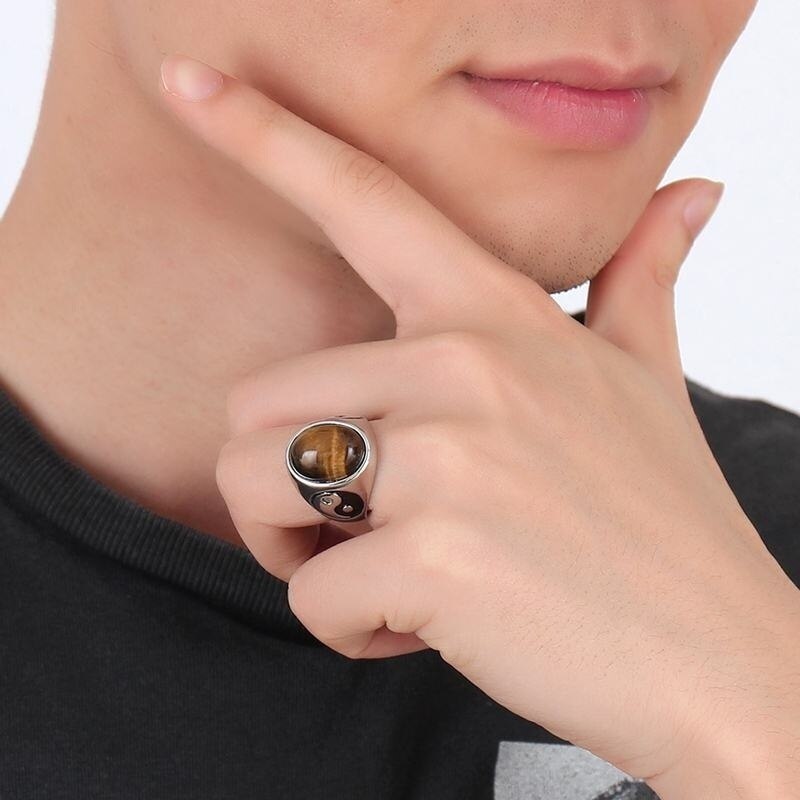 Retro Oval Cat&#39;s Eye Stone Inlaid Ring Men&#39;s Ring Bohemian Crystal Inlaid Yin and Yang Figure Ring Accessories Party Jewelry