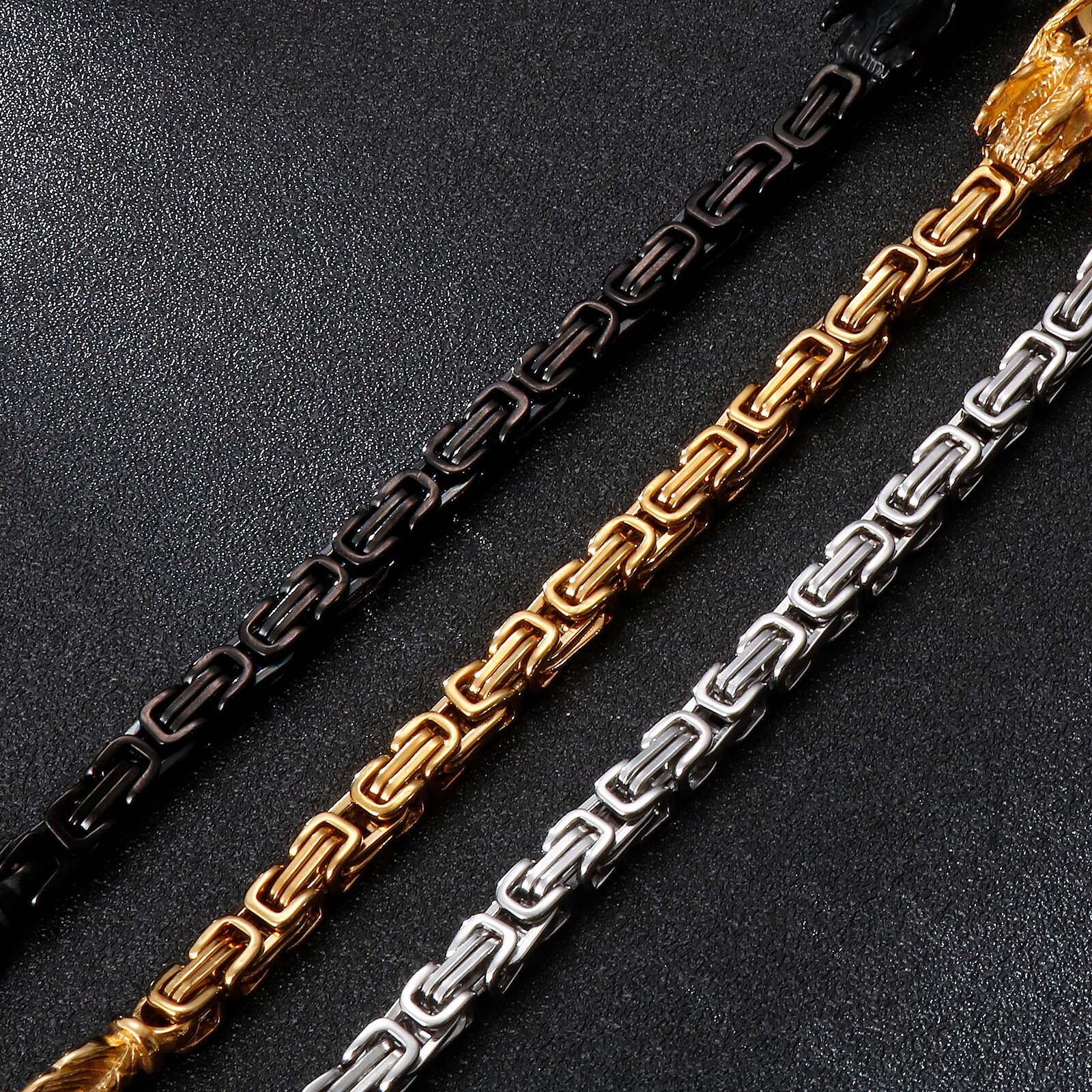Fongten Drachen Punk Wikinger Schwarz Gold Silber Farbe Edelstahl Kasten Verknüpfung Kette Männer Armbinde Schmuck