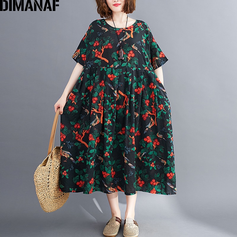 Dimanaf vestido plus size roupas femininas verão vestido de verão vintage impressão floral elegante senhora vestido solto plissado casual algodão 5xl