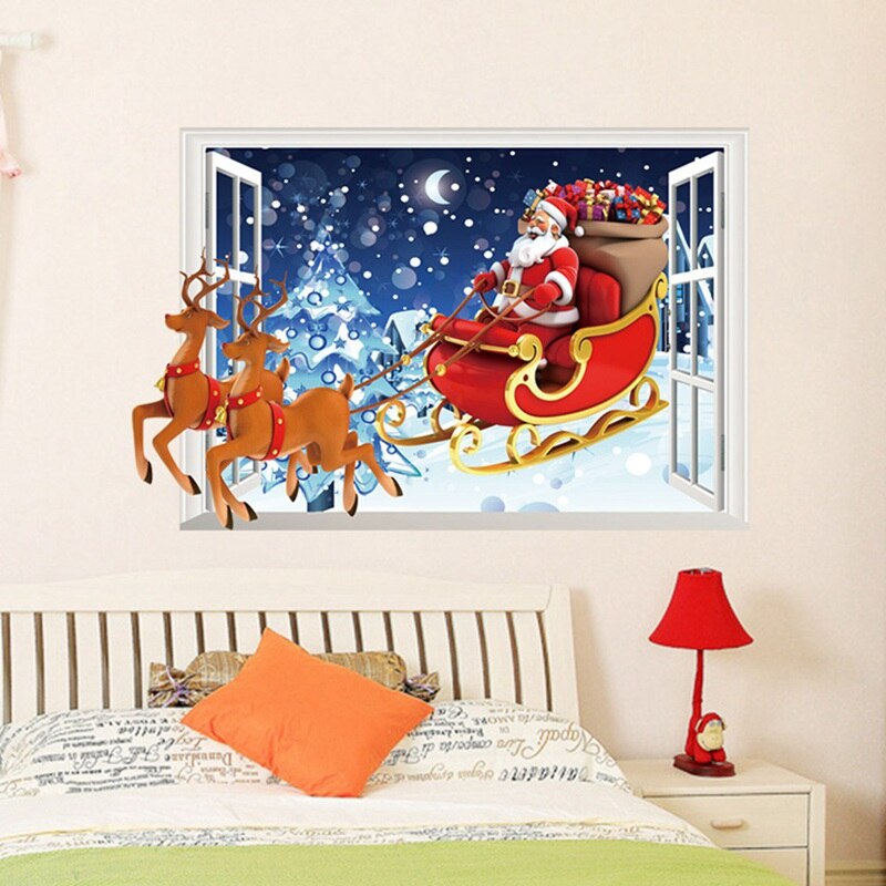 Santa Claus Reindeer 3d Window Wall Stickers For Home Decoration Christmas Diy Festival Mural Art Posters Kids Room Wall Decals