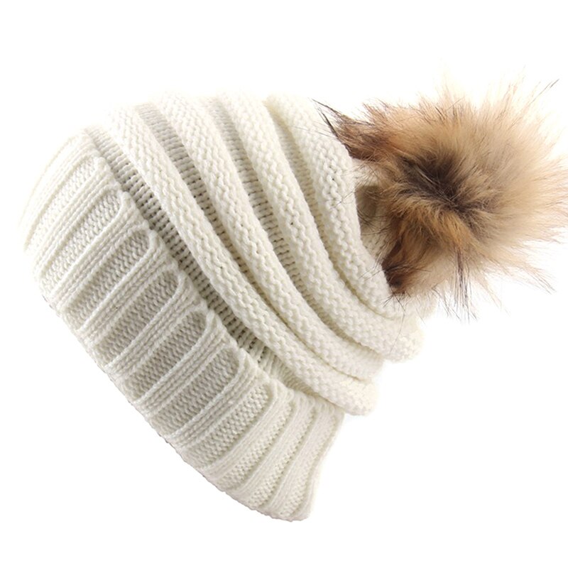 Winter Warm Female Fur hat Spring Hat For Women Girl 's Hat Knitted Beanies Cap Hat Thick Women Skullies Beanies: 01 White