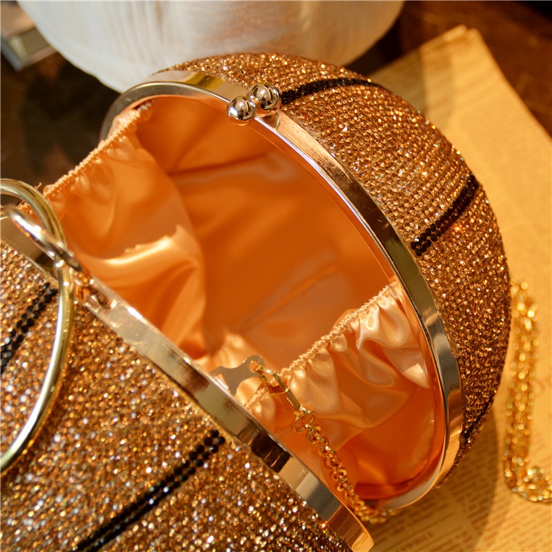 3D Basketball Round Ball Gold Clutch Purses for Women Evening Rhinestone Handbags Ladies Party Dinner Bag