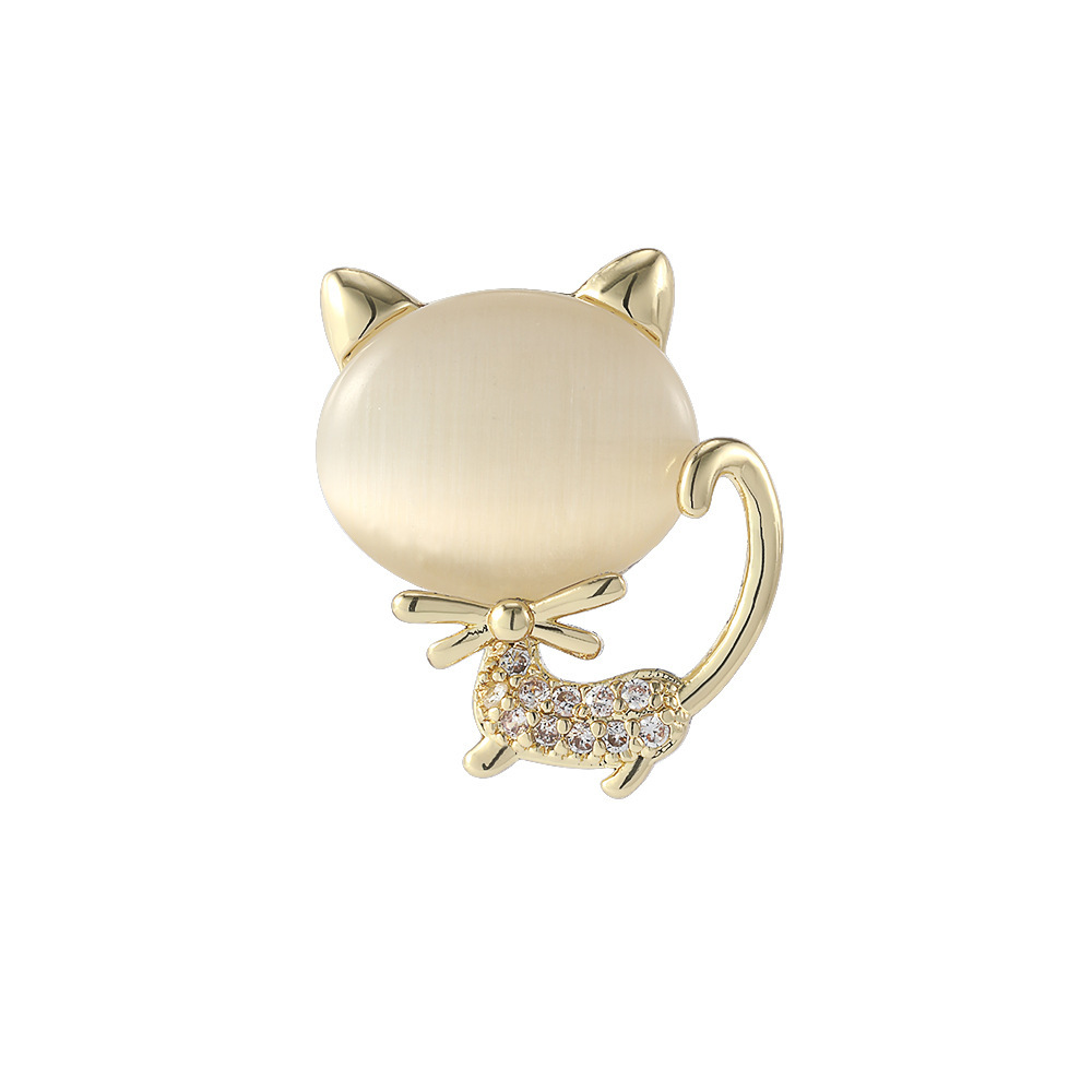 Broches de chat en opale pour femme, chaton mignon, épingle à revers en cristal, bouton de collier, robe de soirée, protection du col