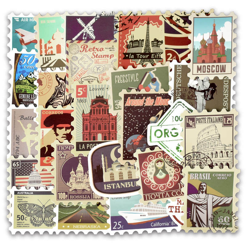 50Pcs Vinyl Vintage Stempel Stickers Retro Travel Stickers Koffer Sticker Decals Speelgoed Voor Laptop Auto Bagage Water Fles Telefoon