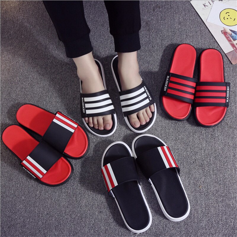 Tofflor män skor eva man kvinna par flip flops mjuka svarta röda ränder ledig sommar man chinelo masculino