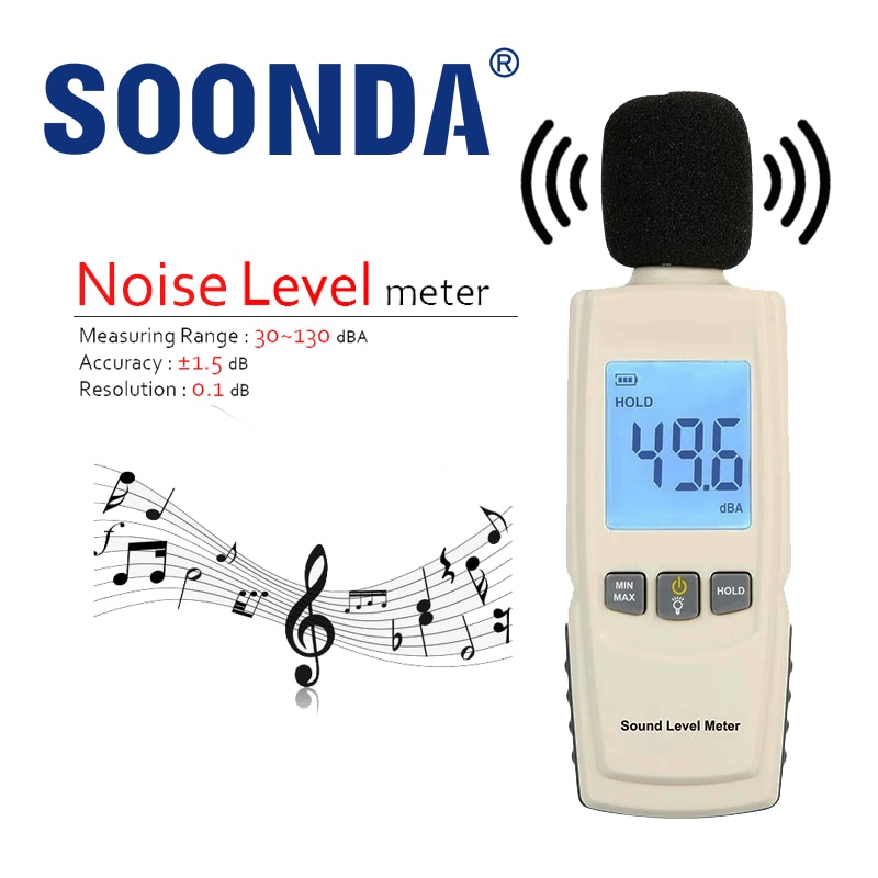 Mesure automatique du niveau sonore, 30 à 130dB, contrôle des décibels, ± 1.5 dB, haute précision 31.5Hz ~ 8.5KHz, norme internationale