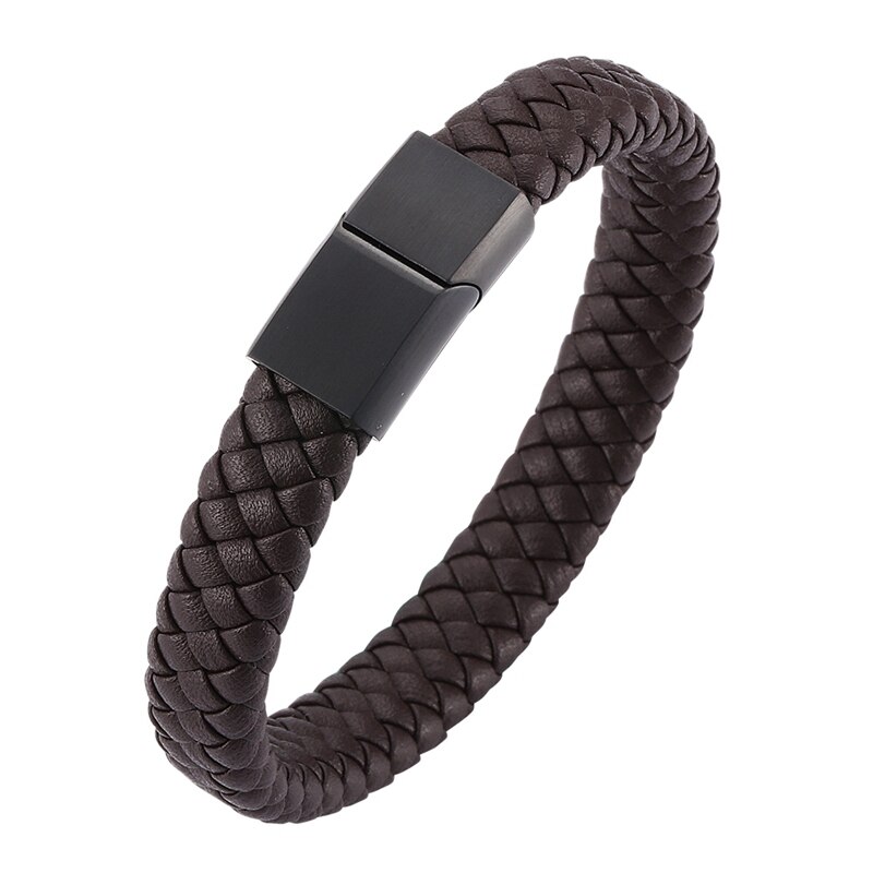 Bracelet Men Braided Leather Bracelet Exquisite Stainless Steel Magnetic Clasps Wrist Band Bangles BB740: Brown 1 / Wearing Length 175mm