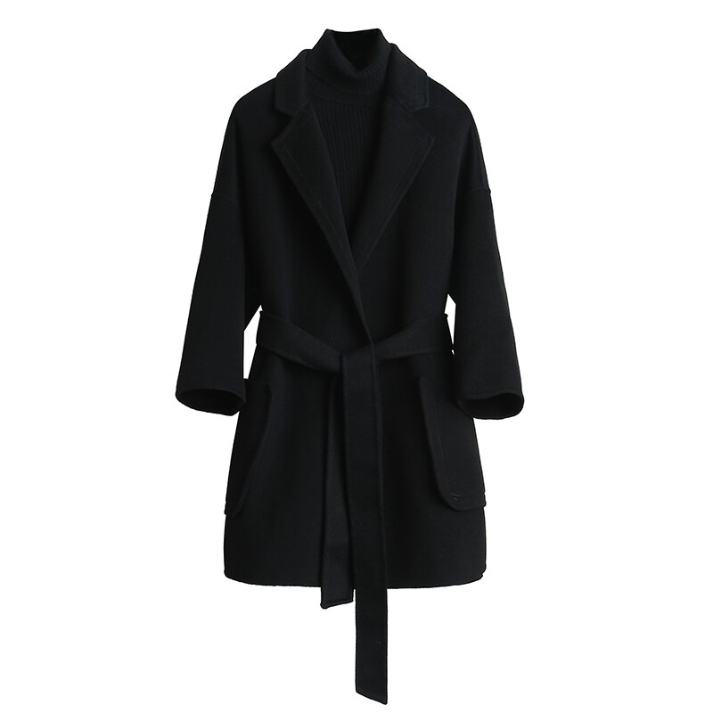 Efterår sort d-side cashmere frakke kvinder kort uldfrakke vinter dame outwear afslappet uldfrakke