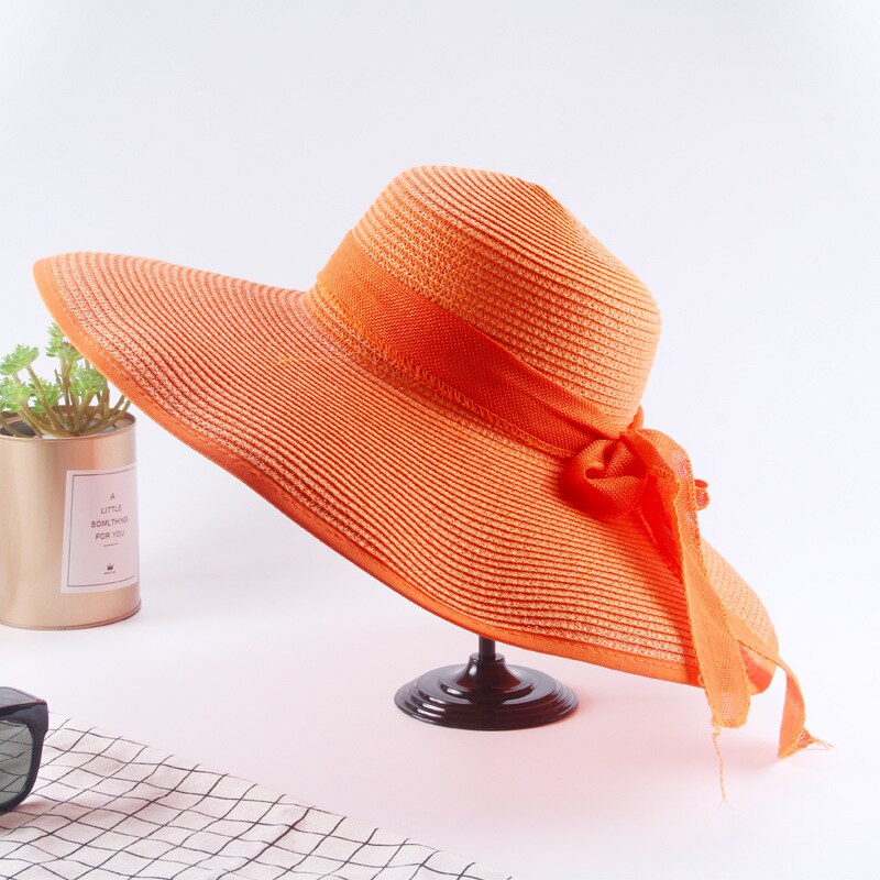 printemps été chapeau de paille femmes tempérament nœud papillon grand bord soleil chapeau Panama Style extérieur plage parasol chapeau de soleil: Orange