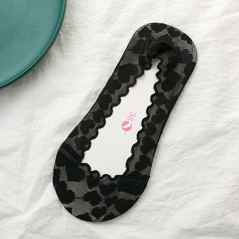 Thin Lace Socks Women Leaves Lace Invisible Socks Thin Ladies Lace Boat Socks Hollow Non-slip Shallow Socks Women Frilly Socks: Dark Grey