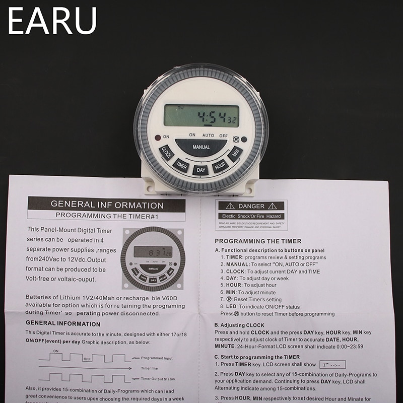 EARU – minuterie d'alimentation Programmable TM619 AC 220V 230V 240V, avec écran LCD numérique, relais de commutation de temps, 16a, listé UL, câblage facile
