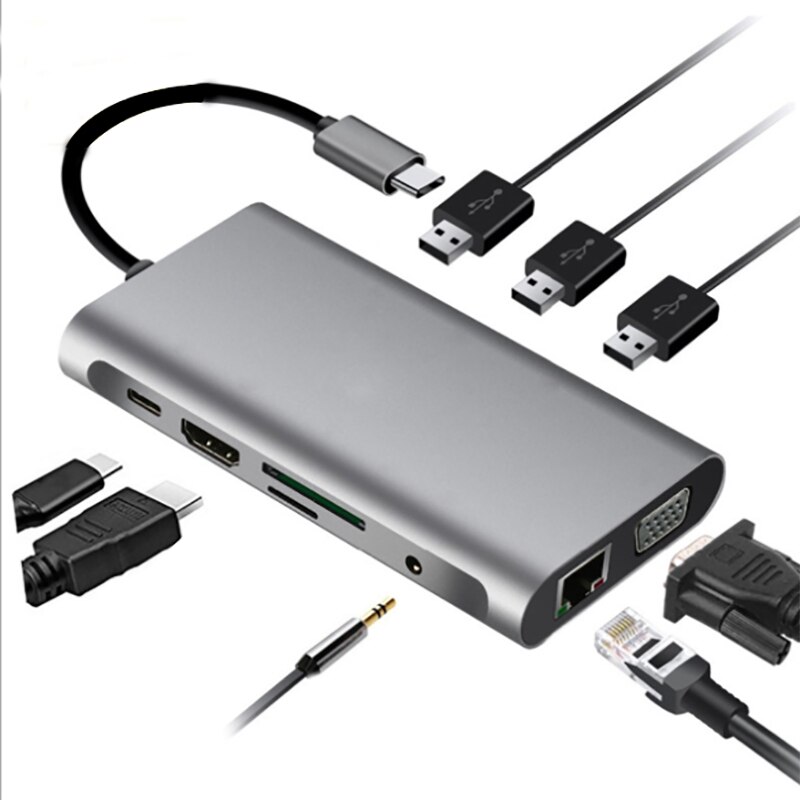 10- in -1 type-c hub usb 3.0 hub pd hoge snelheid opladen voor huawei xiaomi lenovo docking station 4k hdmi sd tf lan