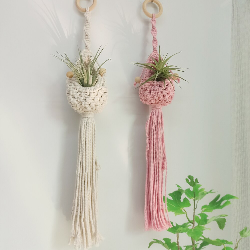 Soporte de macramé para plantas de aire, colgador para plantas de aire bonitas, Mini plantas suculentas, Tillandsia y plantas artificiales, tapiz de pared para decoración del hogar