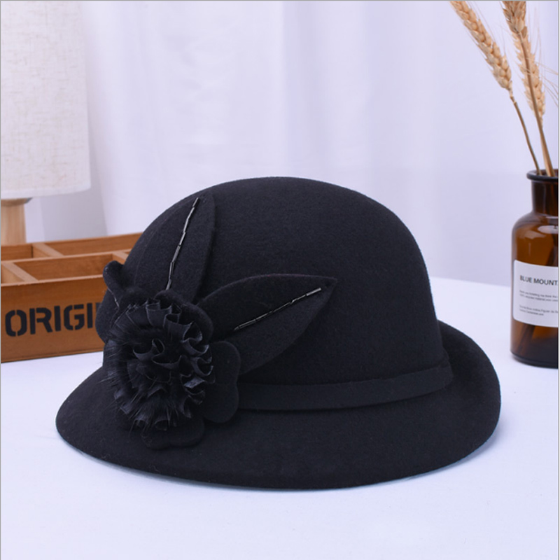 Mother Lady Autumn And Winter Woolen Curling Hats Woman Party Formal Top Grade 100% Wool Felt Hat Bucket Cap: black