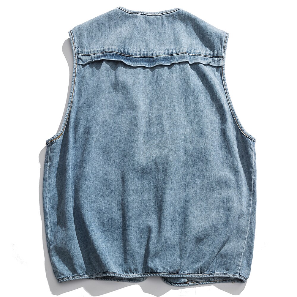 EFUNGAL Denim Jean Vest Men Multiple Pockets Hip Hop Vests Zipper Streetwear Skateboard Sleeveless Winter Casual Jackets Coats