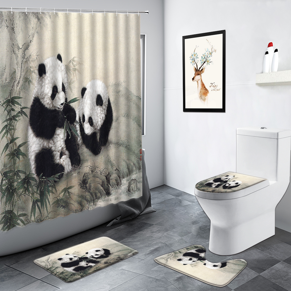 Juego de cortinas de ducha de Panda, alfombra antideslizante de estilo chino de bambú, Animal verde, negro, blanco, divertido: 1371X-4pcs Set