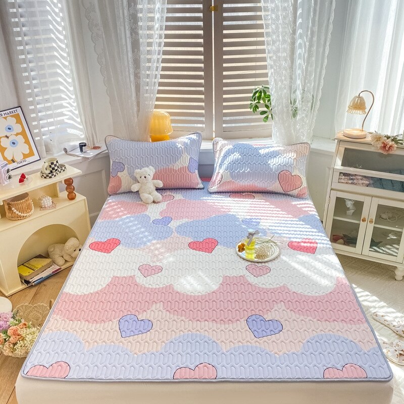 Ins Cute Latex Mattress Cover Set Girly Heart Air Conditioning Soft Mat Foldable Machine Washable Bed Mat Cool Bed Cover: Pink Heart / 90x200cm
