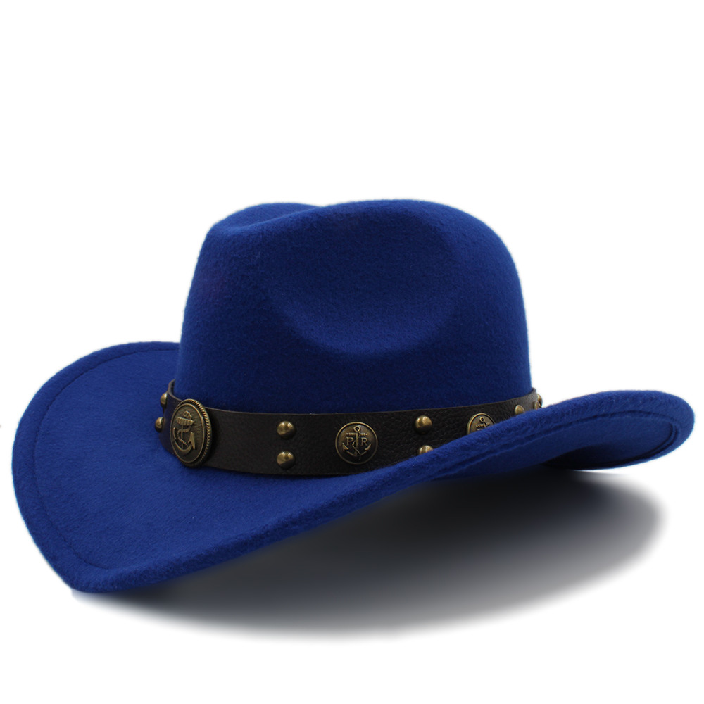 Kvinders uld western cowboy hat roll-up brim lady fascinator jazz hestesport sombrero hombre fedora cap størrelse 56-58cm: Blå