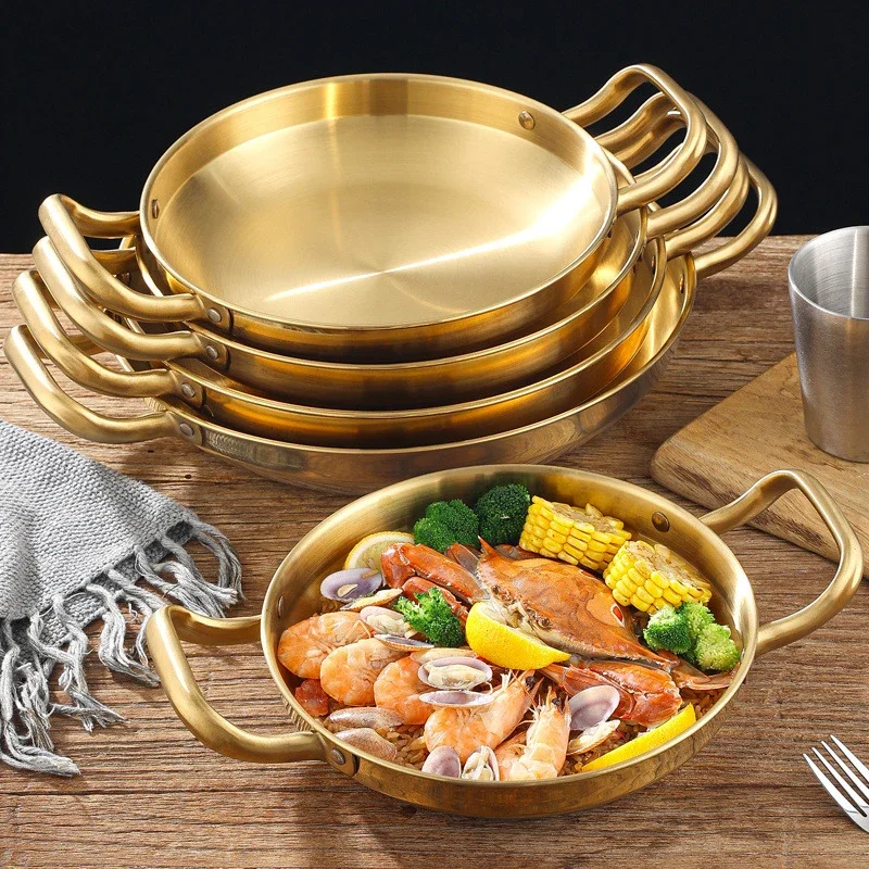 Cuenco de olla seca de acero inoxidable, olla de arroz de mariscos españoles, olla del Ejército Coreano dorada, sartén comercial gruesa de doble oreja