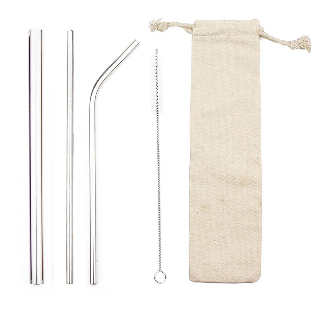 5pcs Herbruikbare Metalen Rietjes 304 Rvs Zilver Stro Set Dikke met Kleurrijke Tas Pouch Clean Brush Party bruiloft: Silver H