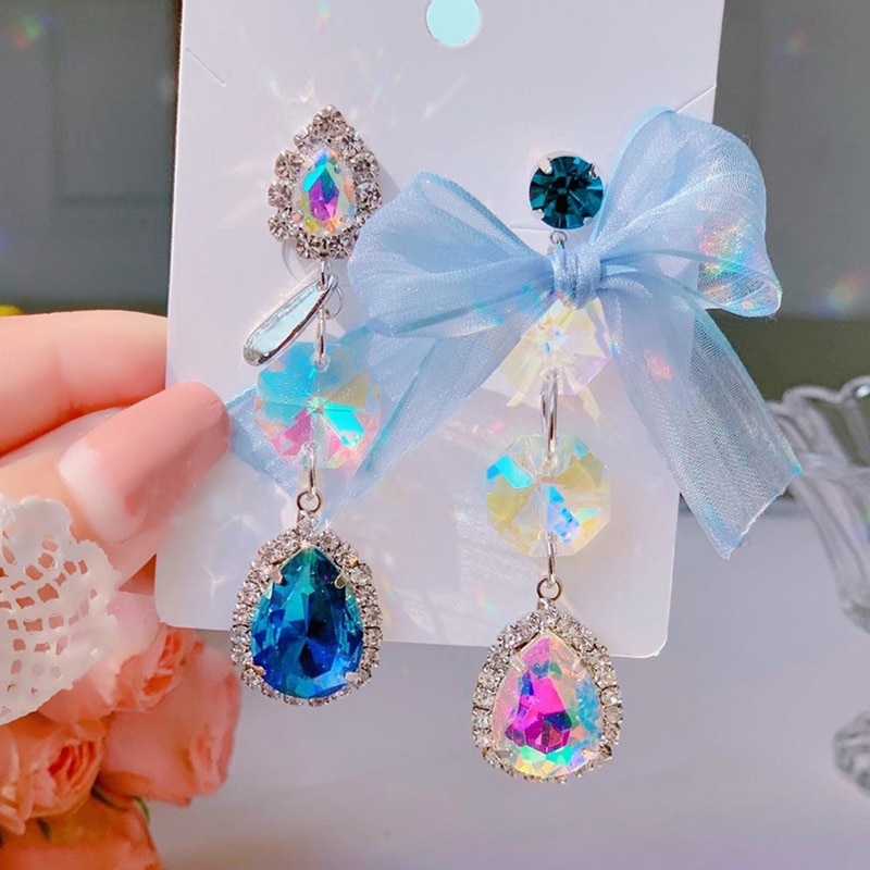 MENGJIQIAO, pendientes largos elegantes coreanos asimétricos con lazo de hilo, pendientes de gota de cristal a la para mujer, de joyería para y vacaciones