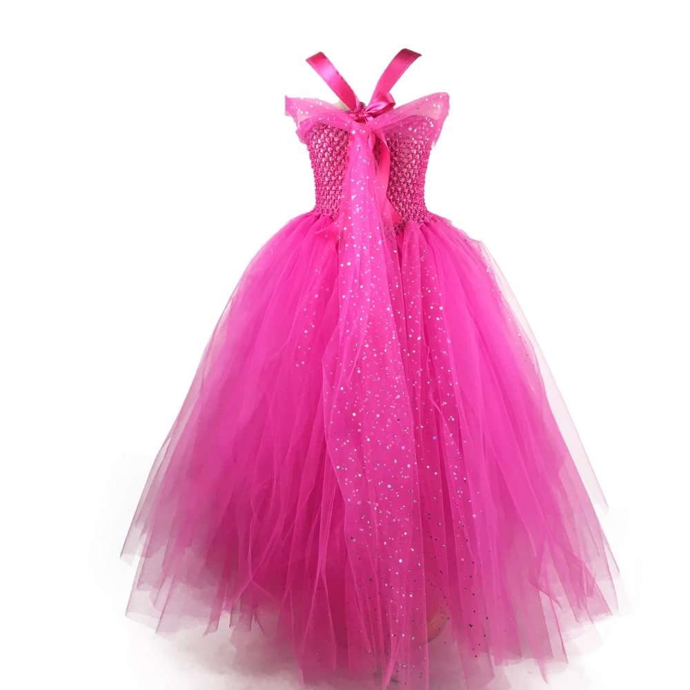 Meisjes Roze Glitter Tutu Jurk Kids Haak Sparkle Tule Jurk Lange Baljurk Kinderen Verjaardagsfeestje Kostuum Prinses Jurk