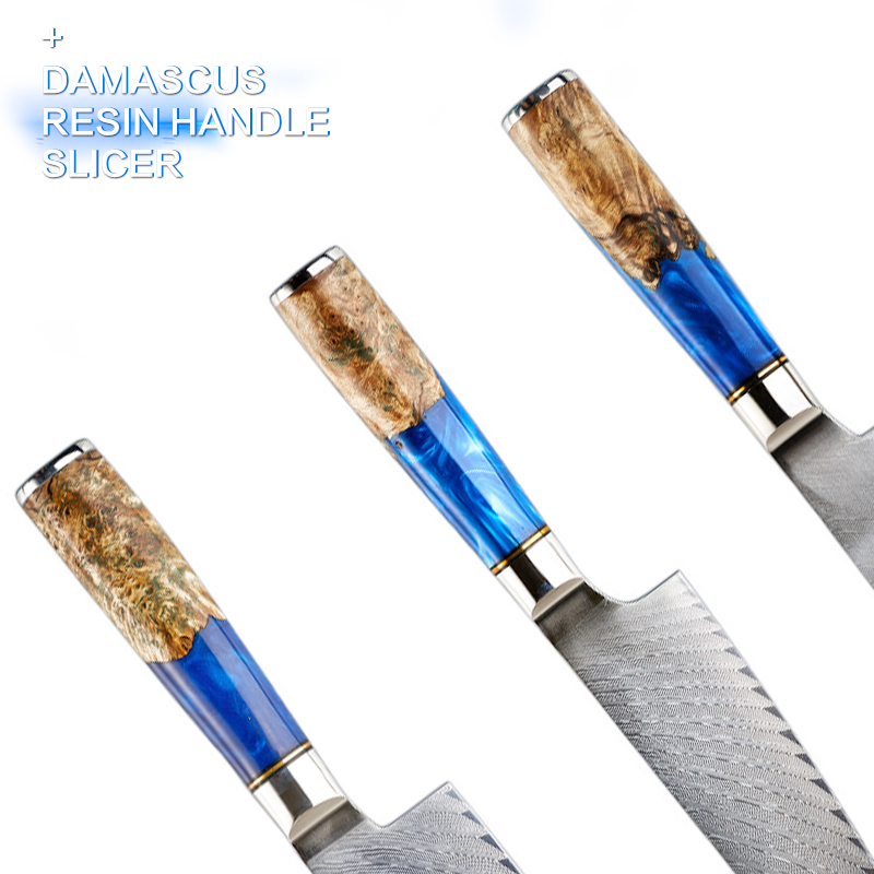 Kitchen Knives-Set Damascus Steel Chef Knife Cleaver Paring Slicing Knife Santoku Knife Blue Resin and Color Wood Handle 1-4set