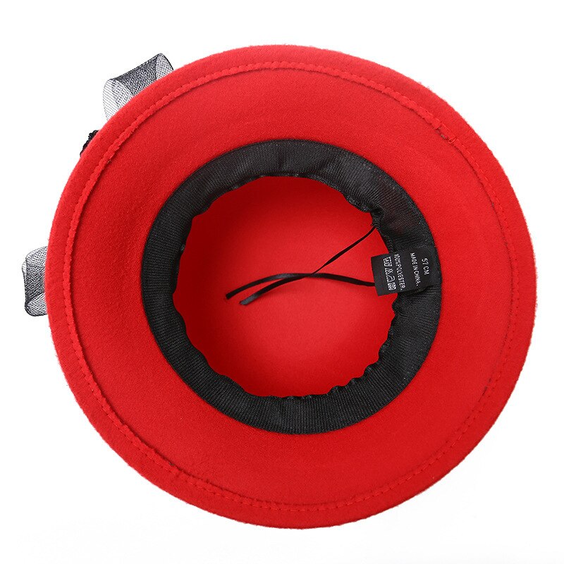 Sombreros de fieltro de lana roja de Estilo Vintage , sombrero con plumas de lana clásica roja para mujer, Gorra de fieltro a la para mujer