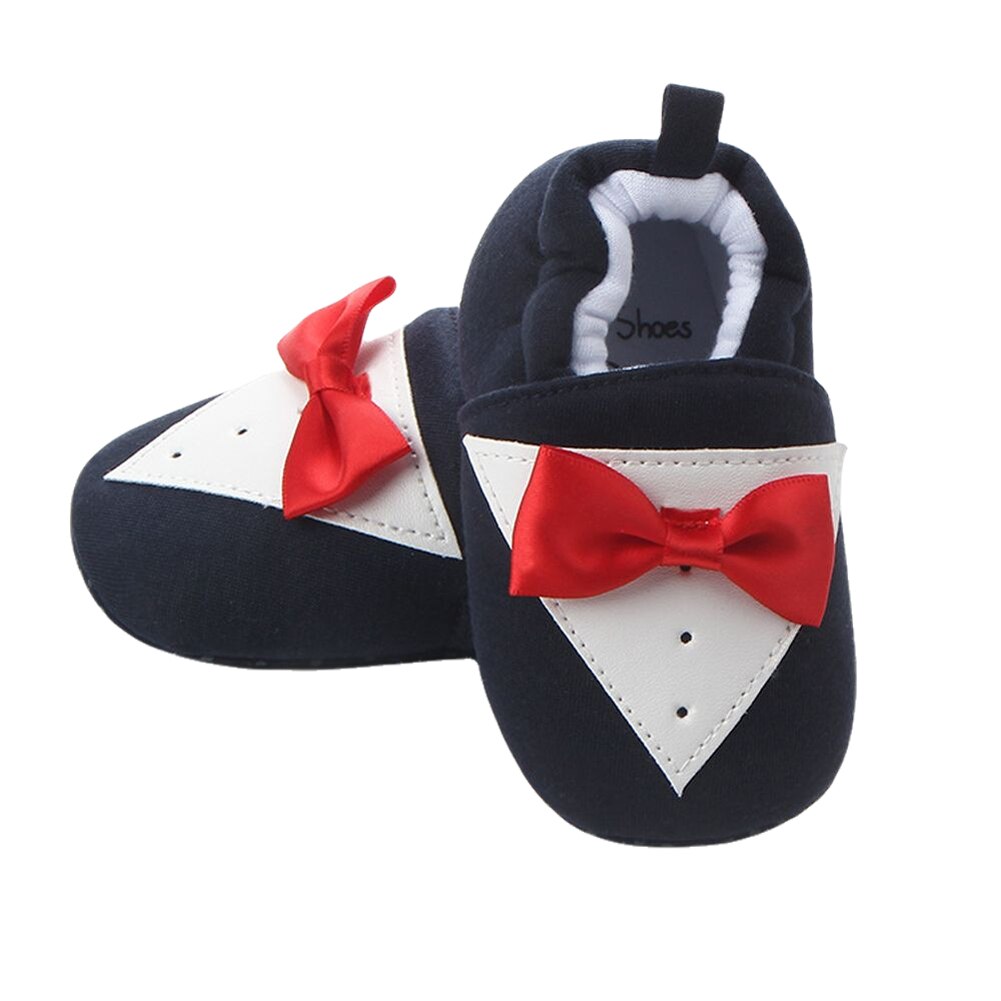 Bebis pojkar flickor varma tossor halkfria mjuk sula bomull first walkers skor tofflor med fluga: Marinblå / 0-6 månader