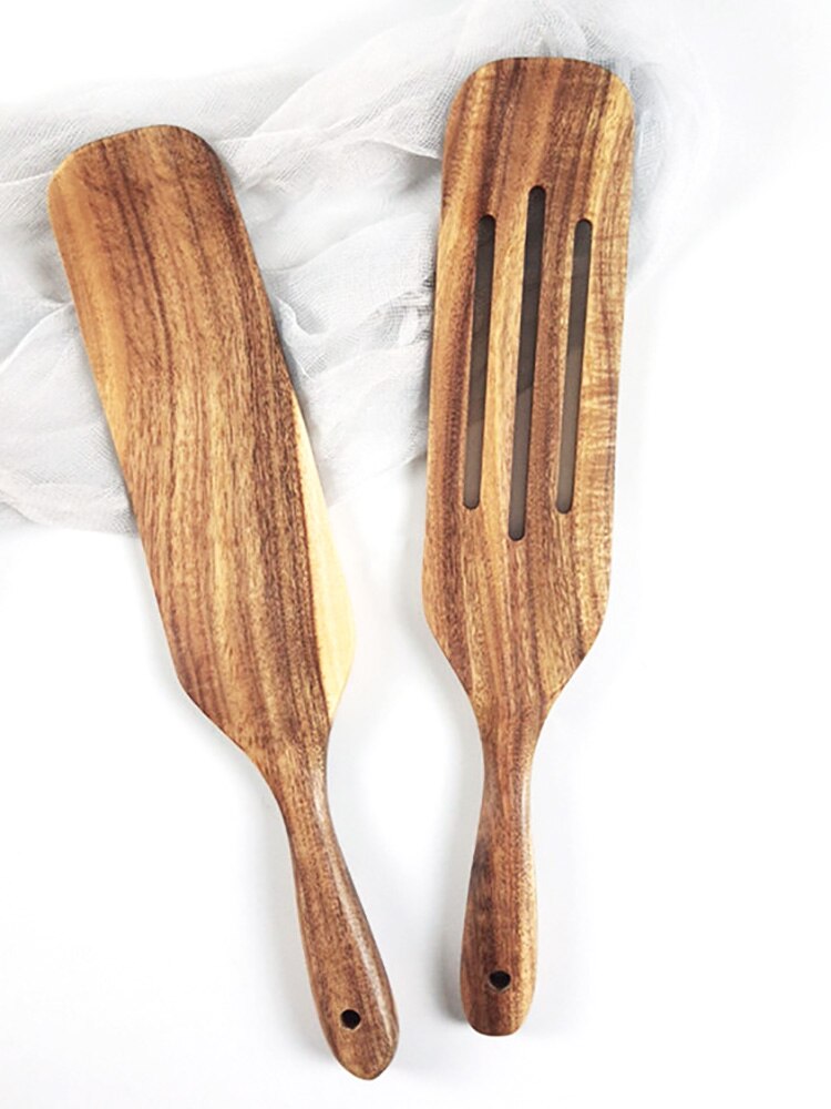 Teak Wood Kitchen Utensils Eco Natural Wooden Cooking Tools Non-Stick Fried Egg Spatula Salad Mixing Shovels Cooking Turners