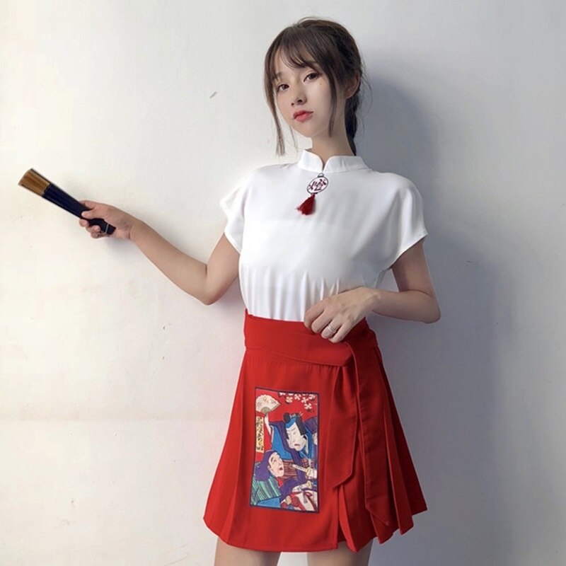 Ropa de estilo chino para mujer, traje de Festival, Top Cheongsam + Falda corta, trajes de escenario Harakuju, trajes bonitos
