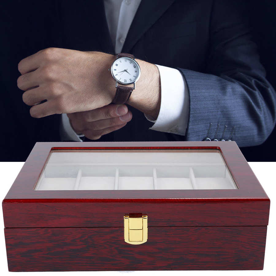 10 Grid Watch Box Houten Horloge Display Box Transparant Venster Horloge Opbergdoos (Rood) Horloge Display