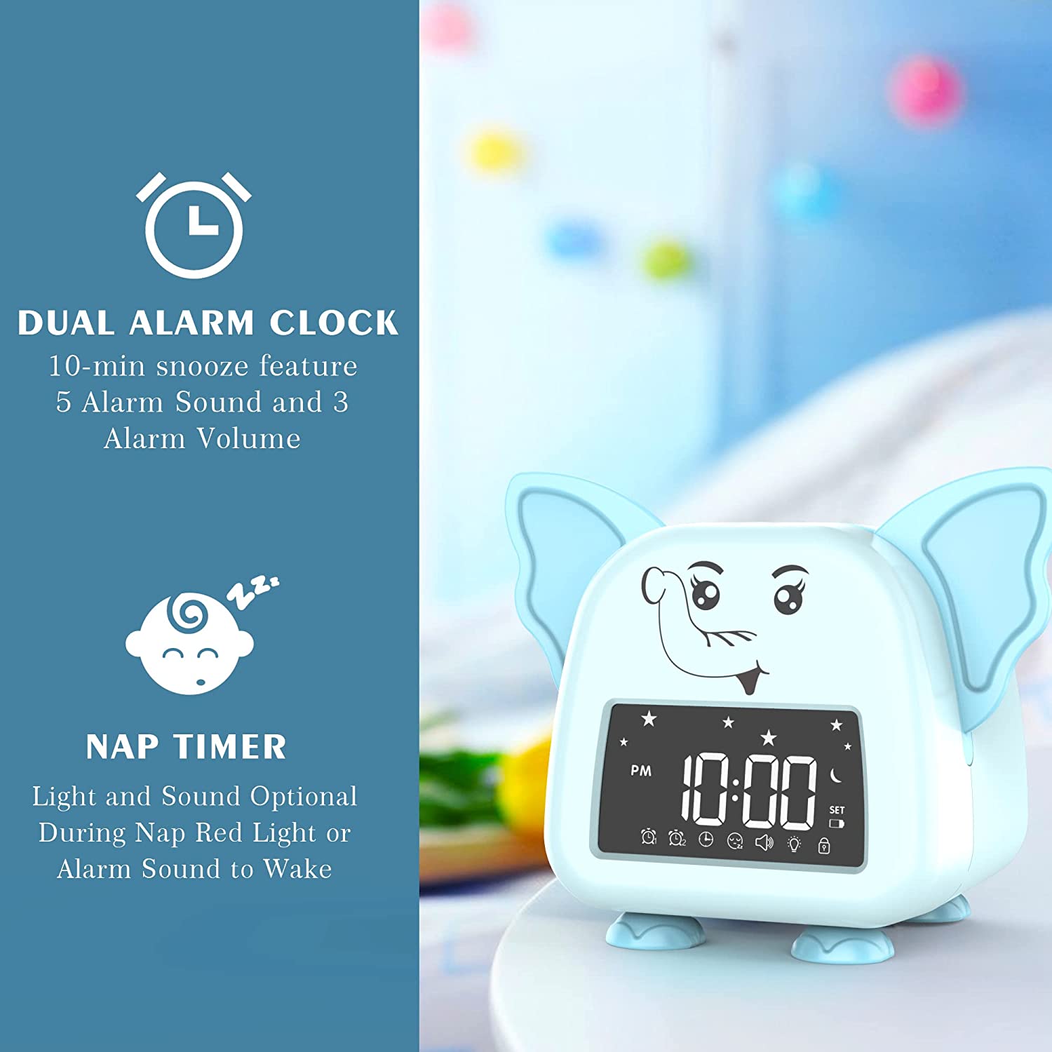 Kids Alarm Clock, Wake Clock for Kids, Children's Sleep Trainer Clock with Night Lights, Sleep Sounds Machine, Cute Alarm Clocks