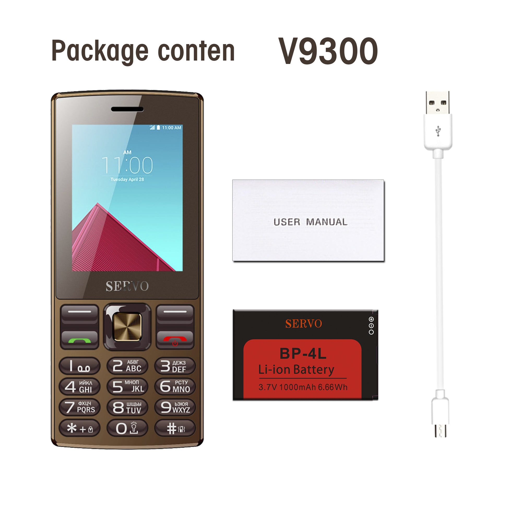 オリジナル電話サーボ V9300 2.4 インチデュアルカード SIM カード Bluetooth Fashlight 携帯電話 MP4 GSM GPRS ロシアキーボード携帯電話